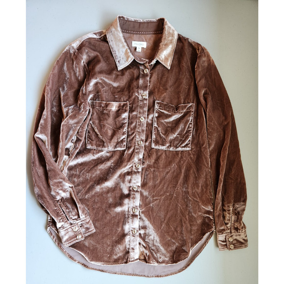 NWT Anthropologie The Hadley Relaxed Velvet Buttondown Shirt Sz XXS Taupe #8B503 - Picture 2 of 8